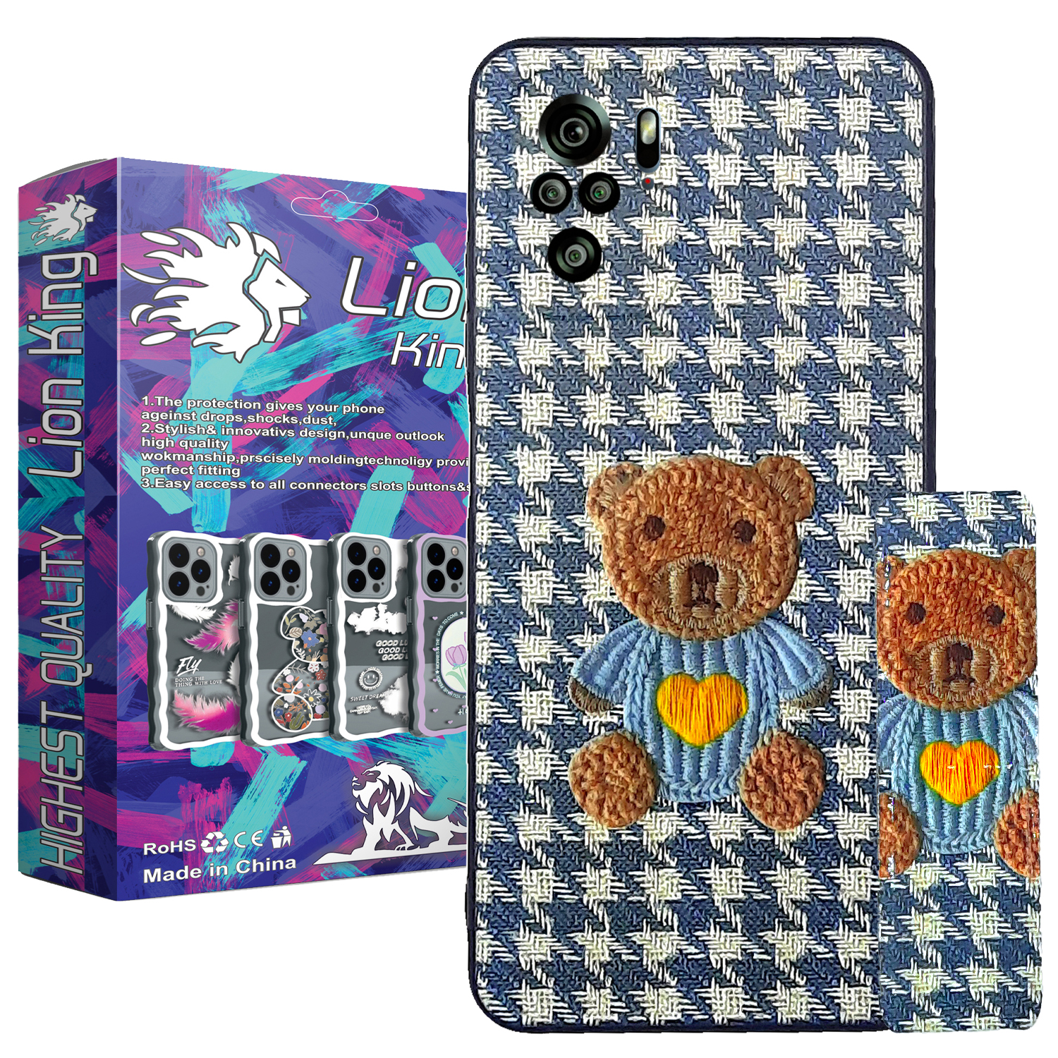 کاور لاین کینگ مدل پارچه ای 3D مناسب برای گوشی موبایل شیائومی Redmi Note10/10S به همراه پایه نگهدارنده