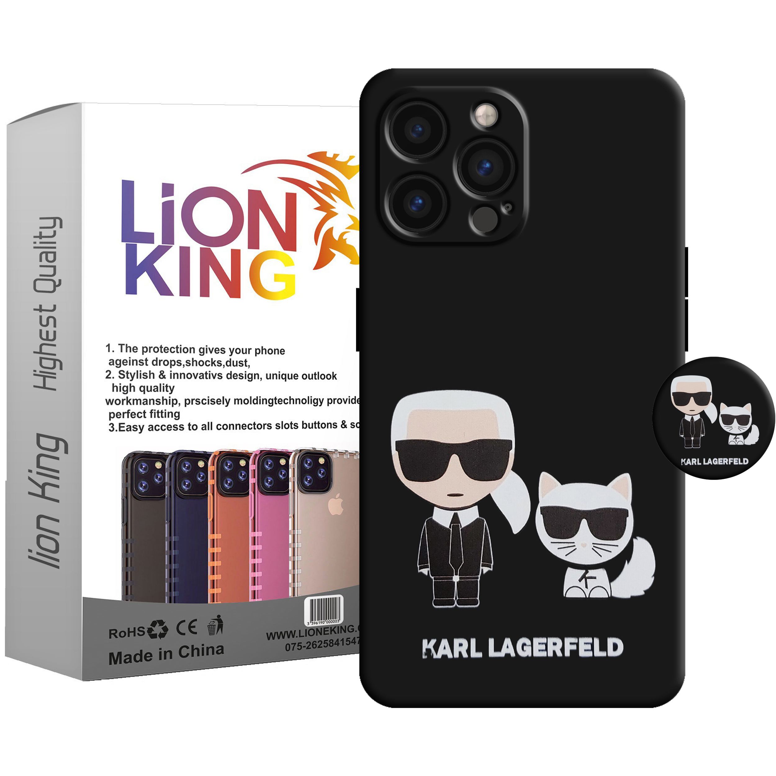 کاور لاین کینگ مدل  گربه و مردعینکی مناسب برای گوشی موبایل اپل IPhone 13 pro به همراه پایه نگهدارنده